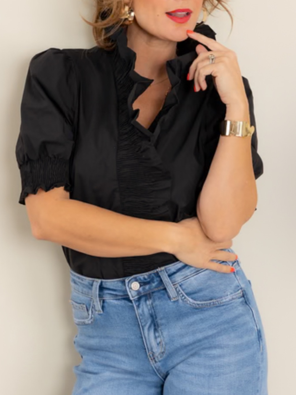 Elizabeth Wilson Designs Black Ruffle Neck Bib Slub Blouse Top L